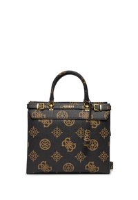 Borsa nera con hardware dorato, caratterizzata da un motivo a monogramma. Forma strutturata, manici superiori e tracolla staccabile.