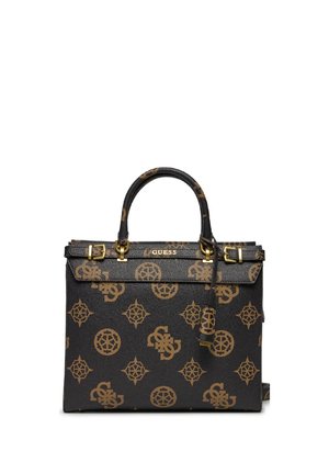 Borsa nera con hardware dorato, caratterizzata da un motivo a monogramma. Forma strutturata, manici superiori e tracolla staccabile.