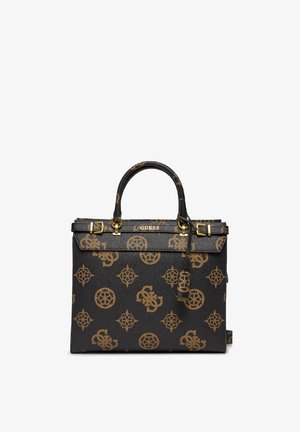 Borsa nera con hardware dorato, caratterizzata da un motivo a monogramma. Forma strutturata, manici superiori e tracolla staccabile.