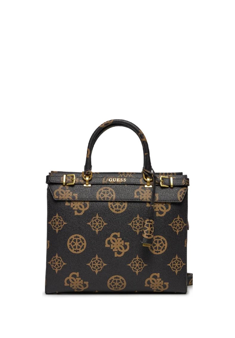Borsa nera con hardware dorato, caratterizzata da un motivo a monogramma. Forma strutturata, manici superiori e tracolla staccabile.