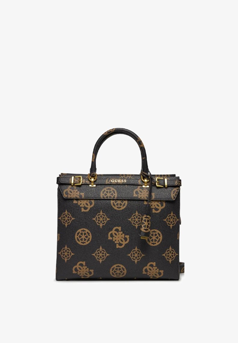 Borsa nera con hardware dorato, caratterizzata da un motivo a monogramma. Forma strutturata, manici superiori e tracolla staccabile.