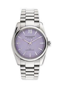 Orologio da polso in metallo argentato con cassa rotonda, quadrante lavanda, indicatori delle ore argentati e bracciale in acciaio inox; resistente all'acqua fino a 50 metri.