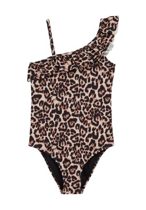 Maillot de bain asymétrique imprimé léopard avec un volant le long du bord supérieur et une fine bretelle sur l'épaule opposée.