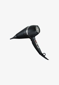 Sèche-cheveux noir au design épuré, avec des accents métalliques et des boutons de contrôle sur le manche. Il comprend un embout étroit et un long cordon d'alimentation.