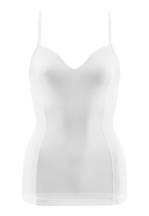 Weiße Spaghettiträgershirt, leichtes Material, V-Ausschnitt-Design, dünne verstellbare Träger, glatte Textur, enganliegende Form, nahtlose Verarbeitung.