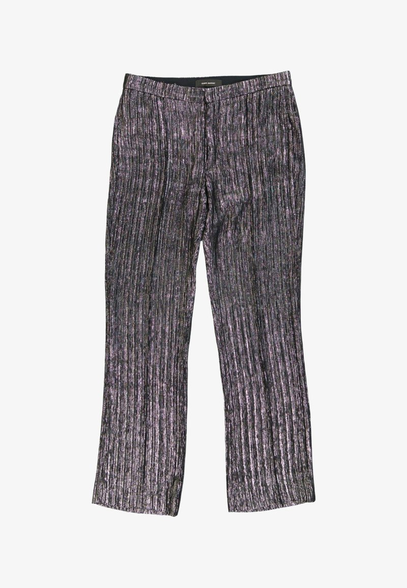 Pantalon noir et violet à rayures verticales avec jambes légèrement évasées et taille ajustée.