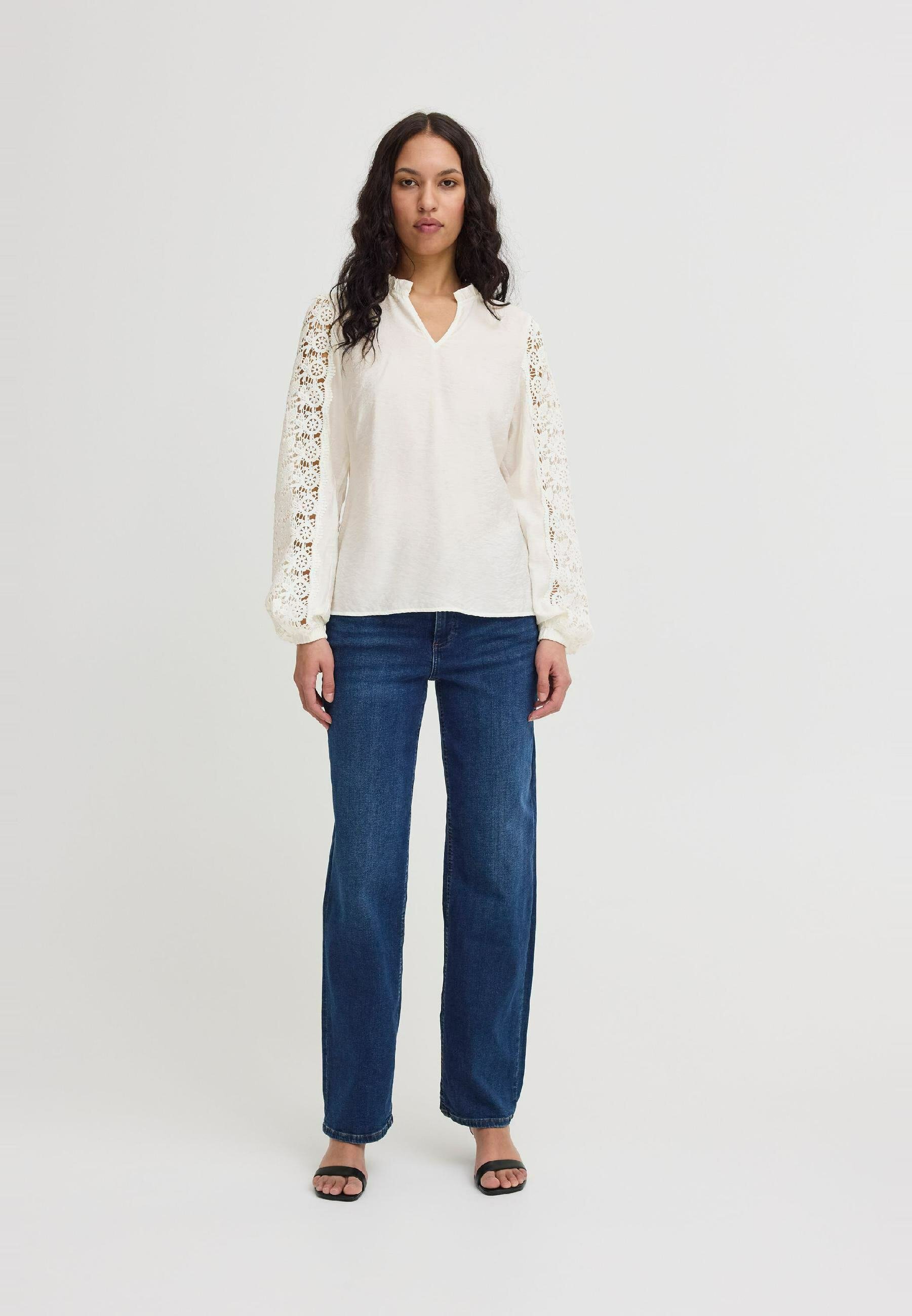 売れ筋商品|||イチ シャツ レディース トップス IXMIRELLA - Blouse - cloud dancer Short Bubble Sleeve Spliced V-Neck Embroidered Woven Top
