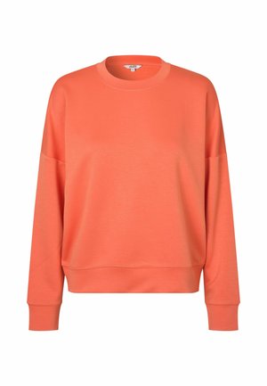 Korallenorangefarbenes Sweatshirt mit Rundhalsausschnitt, langen Ärmeln sowie Rippbündchen an Ärmeln und Saum, auf weißem Hintergrund dargestellt.