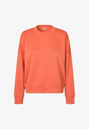 Koralfarvet crewneck-sweatshirt med lange ærmer og ribbede manchetter og kant, vist på hvid baggrund.