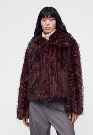 Vrouw met lang zwart haar die een donkerrood nepbontjasje draagt over een creme coltrui en grijze broek, staand tegen een witte achtergrond.