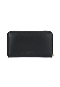 Czarny skórzany portfel z teksturowaną powierzchnią, zamknięciem na zamek i złotymi akcentami. Charakteryzuje się niewielkimi śladami noszenia po jednej stronie.