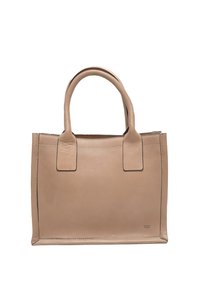 Beige leren tote bag met twee stevige handvatten, rechthoekige vorm, minimalistisch design en subtiele stiksel details langs de randen.
