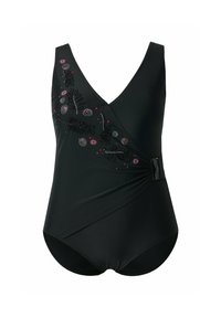 Sort badedragt med dyb V-udskæring, blomsterformet perlebroderi på venstre side og sidespænde, der skaber et smalnet stofudtryk.