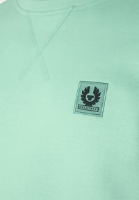 Ljust mintgrön sweatshirt med en mjuk textur. Den har en svart broderad logotyp och en enkel rundhalsad design.