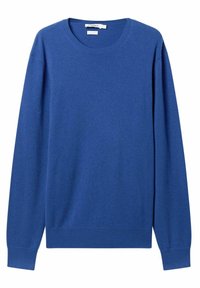 Blå långärmad tröja med rund halsringning, med ribbade muddar och nederkant, visad platt på en vit bakgrund.