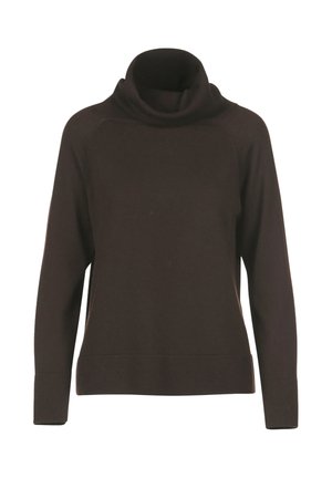 Brauner Strickpullover mit hohem Kragen, langen Ärmeln und geripptem Saum. Verfügt über Raglanärmel für eine lässige Passform und weiche Textur.