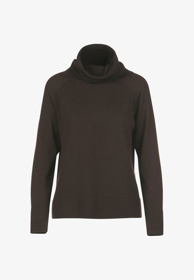 Ruda megzta megzizdė su aukšta apykakle, ilgomis rankovėmis ir raukšlėta apatine dalimi. Turi raglan tipo rankoves, kurios suteikia laisvą siluetą ir malonų prisilietimą.