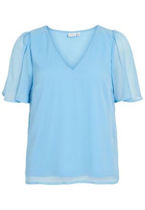 Blouse bleu clair à manches courtes avec col en V et manches légèrement bouffantes en tissu transparent, coupe ample et ourlet droit.