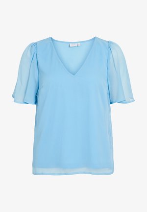 Blouse bleu clair à manches courtes avec col en V et manches légèrement bouffantes en tissu transparent, coupe ample et ourlet droit.