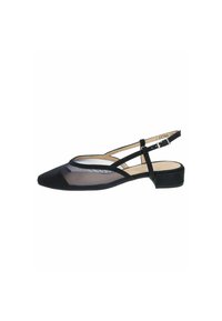 Černé slingback boty s špičatou špičkou, síťovou horní částí, zvedanými akcenty a nízkým blokovým podpatkem. Obsahuje nastavitelný pásek kolem kotníku pro lepší přizpůsobení.