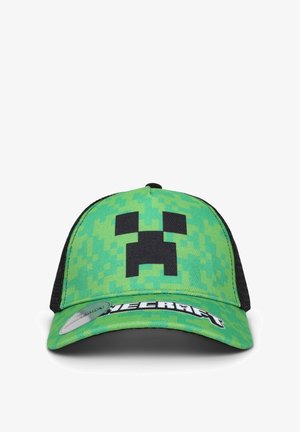 Cappello verde con design di creeper pixelato, retro in rete nera, visiera ricurva e testo "Minecraft" sul pannello frontale.
