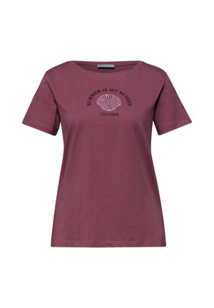 Kurzärmeliges mauvefarbenes Baumwoll-T-Shirt mit Rundhalsausschnitt, vorne mit einer Muschelgrafik und dem Text „SOMMER IST MEINE SAISON“ und „COTE D'AZUR“.