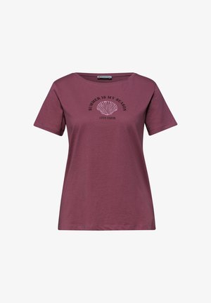 Kortærmet lilla bomulds-T-shirt med rund halsudskæring, med grafik af en muslingeskal og teksten "SOMMEREN ER MIN SÆSON" og "COTE D'AZUR" foran.