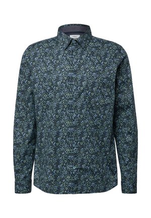Langarmshirt in donkerblauw met een bloemmotief in groen en lichtblauw. Voorzien van een button-down kraag en knoopsluitingen aan de voorkant.