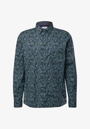 Langarmshirt in donkerblauw met een bloemmotief in groen en lichtblauw. Voorzien van een button-down kraag en knoopsluitingen aan de voorkant.