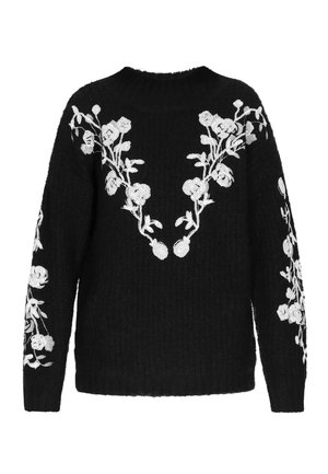 Sort strikket sweater med hvid blomsterbroderi langs halsudskæringen og ærmerne. Blød tekstur og afslappet pasform.