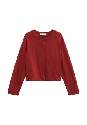 Geknöpfter Langarm-Cropped-Cardigan in tiefrot mit Rundhalsausschnitt und gerippten Bündchen, flach auf weißem Hintergrund präsentiert.