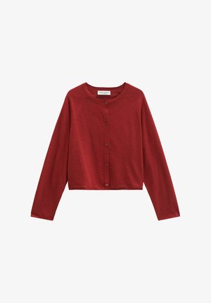 Geknöpfter Langarm-Cropped-Cardigan in tiefrot mit Rundhalsausschnitt und gerippten Bündchen, flach auf weißem Hintergrund präsentiert.