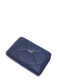 Navy leather wallet with quilted pattern, featuring a silver logo accent. Compact rectangular shape with smooth texture and zipper closure.