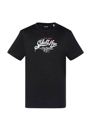 Sort bomulds T-shirt med rund hals, der har et fremtrædende hvidt og rødt trykt logo med vinger og teksten "New York Schott NYC 1913."