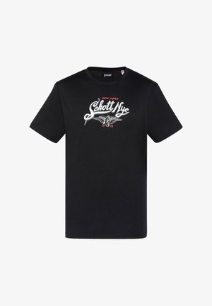Sort bomulds T-shirt med rund hals, der har et fremtrædende hvidt og rødt trykt logo med vinger og teksten "New York Schott NYC 1913."
