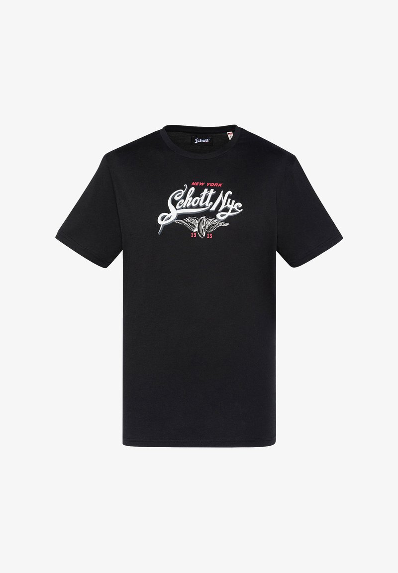 Camiseta de algodón negra con cuello redondo, que presenta un destacado logo impreso en blanco y rojo con alas y el texto "New York Schott NYC 1913."
