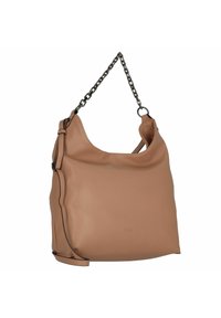 Beige Lederhandtasche mit glatter Textur, ausgestattet mit einem einzelnen Kettenriemen und einer seitlichen Reißverschlusstasche. Minimalistisches Design mit geprägt Logo.
