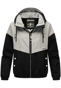 Black and gray windbreaker jacket featuring a zip closure, hood, and elastic cuffs. Includes white snap buttons and branded interior label.