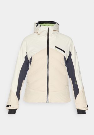 Padded-Jacke in Creme, Marineblau und zartem Rosa. Verfügt über einen Reißverschluss vorne, eine verstellbare Kapuze und zwei Reißverschluss-Seitentaschen. Schwarze Bündchen.