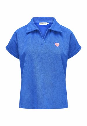 Blauw poloshirt met korte mouwen, open kraag en klein roze geborduurd hartje op de linkerborst van Codello.