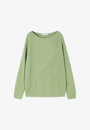 Roheline pikkade varrukatega topp ribast tekstuuriga, omapärase disainiga ja laia kaelusega, valmistatud pehmest kangast. Ühtegi kinnitust pole nähtaval.