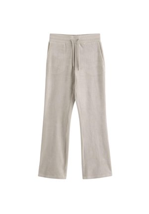Hellbeige weite Hosen mit elastischem Bund und Kordelzug, mit zwei Vordertaschen, flach auf weißem Hintergrund liegend.