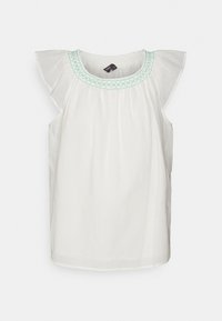 Blusa branca sem mangas com ombros frufru. Apresenta um decote redondo adornado com delicados bordados turquesa. Tecido leve.