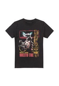 Schwarzes Baumwoll-T-Shirt mit einem grafischen Druck eines robotischen Dinosauriers, mit dem Text "Grimlock" und "Mehr als Meets the Eye" in lebhaften Farben.