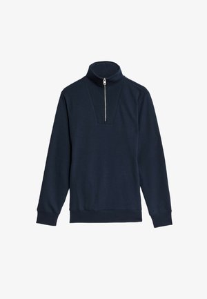 Marineblauw sweatshirt met hoge kraag, halve rits en geribde manchetten. Gemaakt van zachte stof met een gladde textuur en een minimalistisch ontwerp.