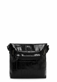 Borsa a tracolla in pelle nera con stampa a coccodrillo, dotata di tasca con zip frontale, cintura regolabile e finitura lucida. Forma compatta e rettangolare.