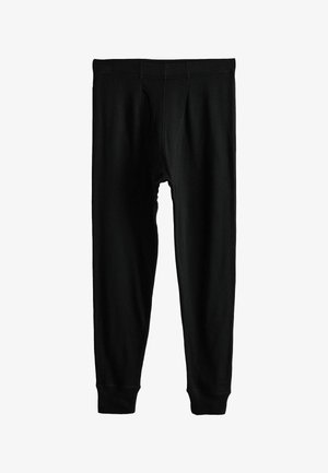 Černé pletené kalhoty s žebrovanou texturou, vybavené elastickým pasem a přiléhavými manžetami na kotnících. Navrženy pro pohodlí a flexibilitu.