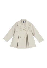 Beige trench coat s dvojitým zapínáním, širokým límcem a dlouhými rukávy. Vyrobeno z lehkého materiálu s plisovaným designem.