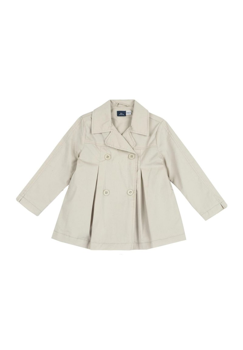 Beige trench coat s dvojitým zapínáním, širokým límcem a dlouhými rukávy. Vyrobeno z lehkého materiálu s plisovaným designem.
