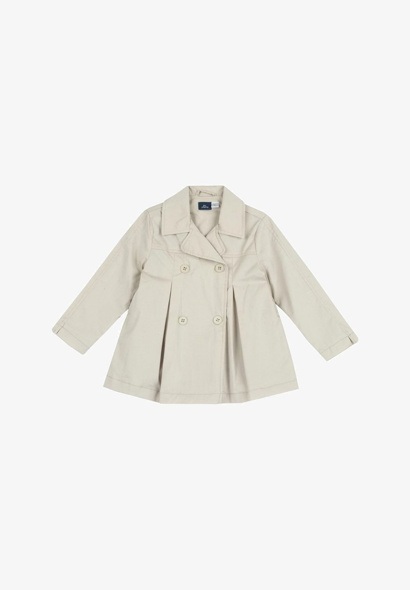 Beige trench coat s dvojitým zapínáním, širokým límcem a dlouhými rukávy. Vyrobeno z lehkého materiálu s plisovaným designem.